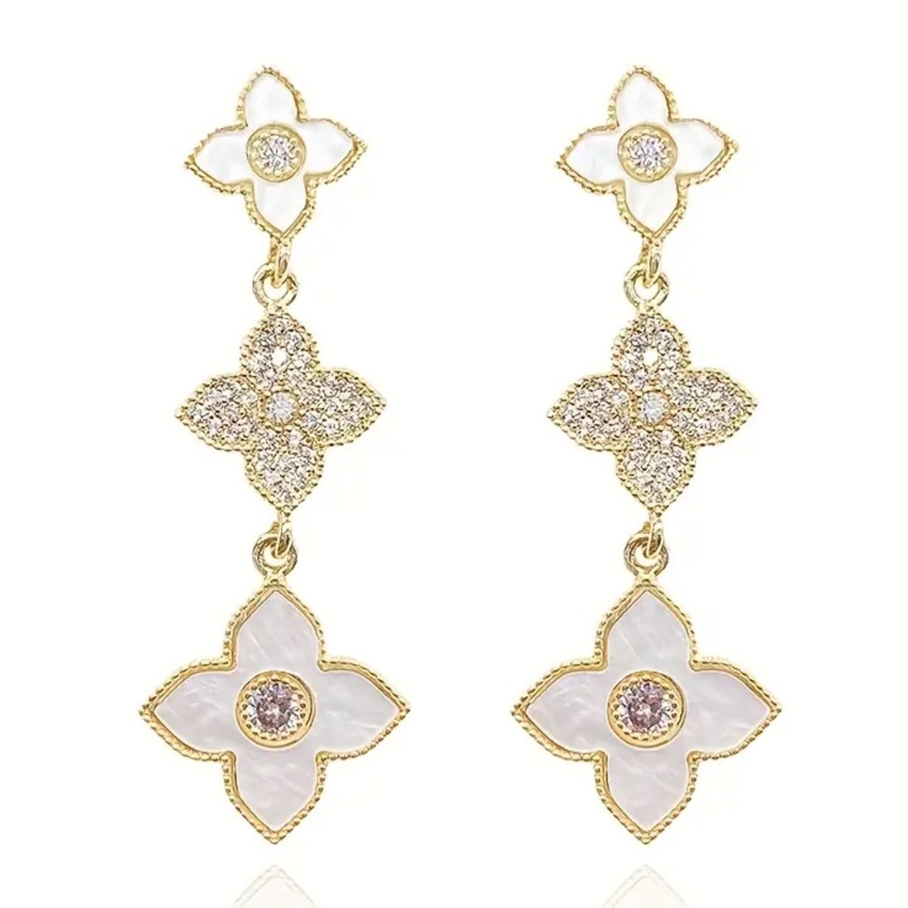 Alhambra Rhinestone Clover Tassel Earrings 🌸 925 Silver Posts | Holiday Gift - Picture 5 of 6